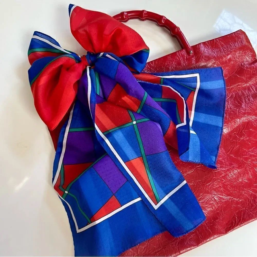 Vintage 1980s Super Vibrant Cobalt Square Abstract Grid Scarf